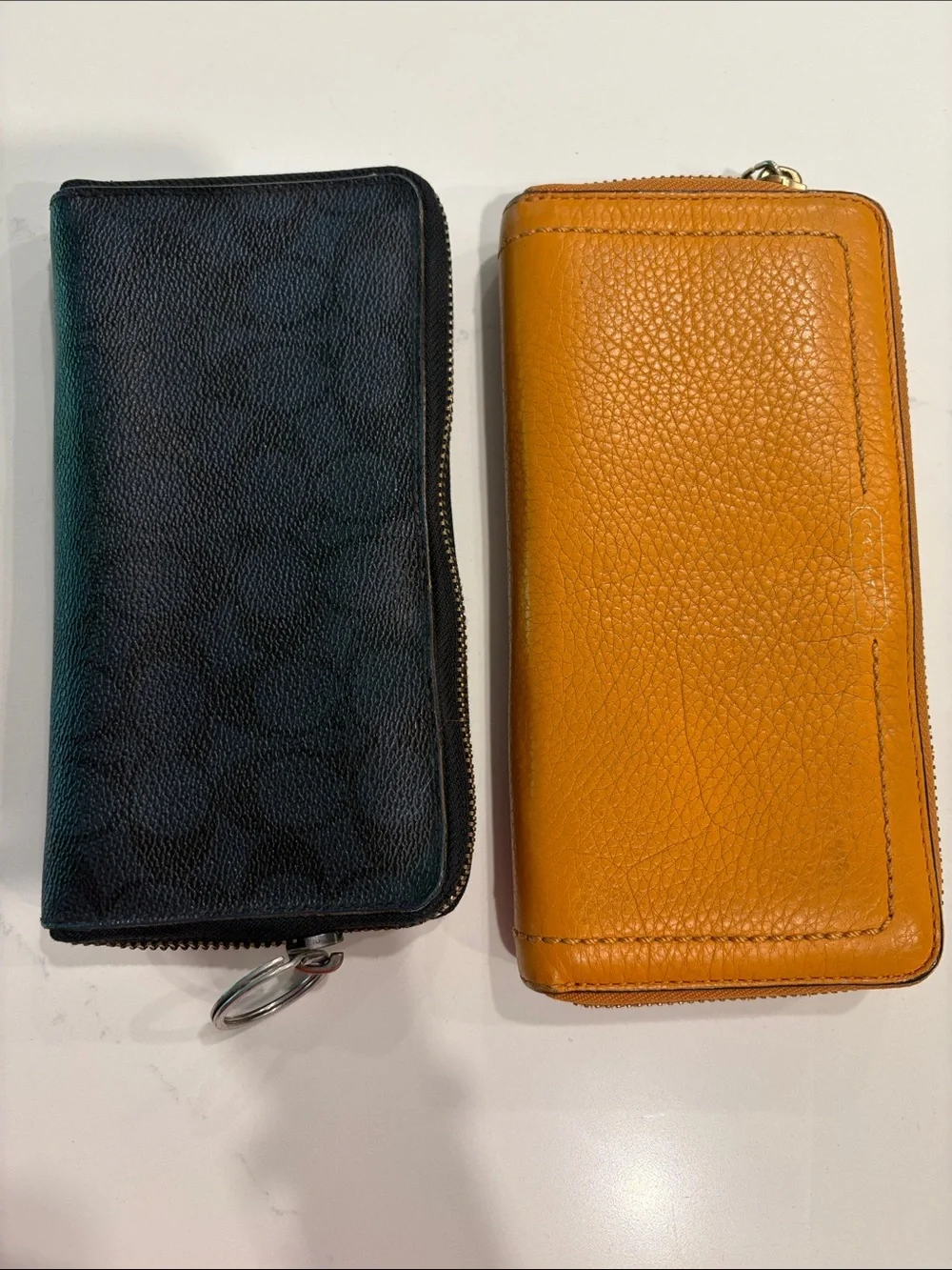 2 Coach Long Zip Wallets in Papaya Orange Pebbled Leather & black monogram